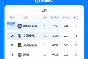 开门红！亚冠二级积分榜：申花赢球积3分 因净胜球之差暂列次席