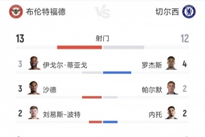 切尔西0-3不敌布伦特福德全场技术统计：射门12-13、射正2-6、绝佳机会1-4
