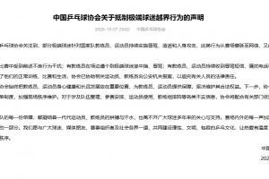乒协声明：部分极端球迷辱骂+造谣运动员 将推动建立赛场禁入名单