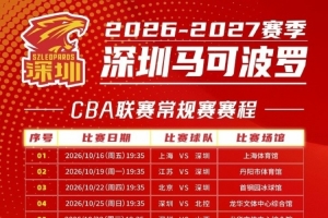 深圳新赛季赛程正式公布 揭幕战10月16日硬撼卫冕冠军上海