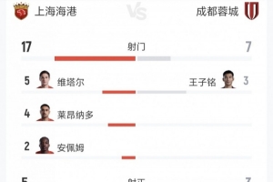 海港vs蓉城技术统计：射门17-7遥遥领先，射正5-3、绝佳机会5-2压制对手