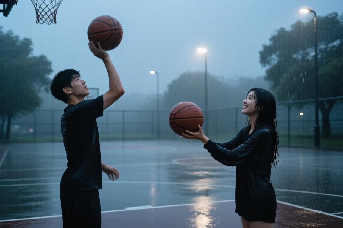 这狗粮撒的！小伙下雨天投篮，女友冒雨为其传球